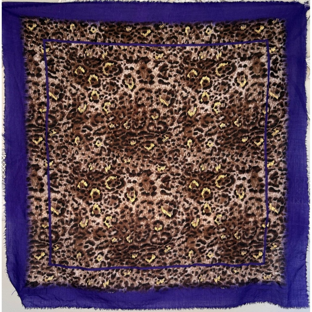 Adrienne Vittadini Vintage Wool‎ Scarf Purple Leopard Print Gold Metallic Japan